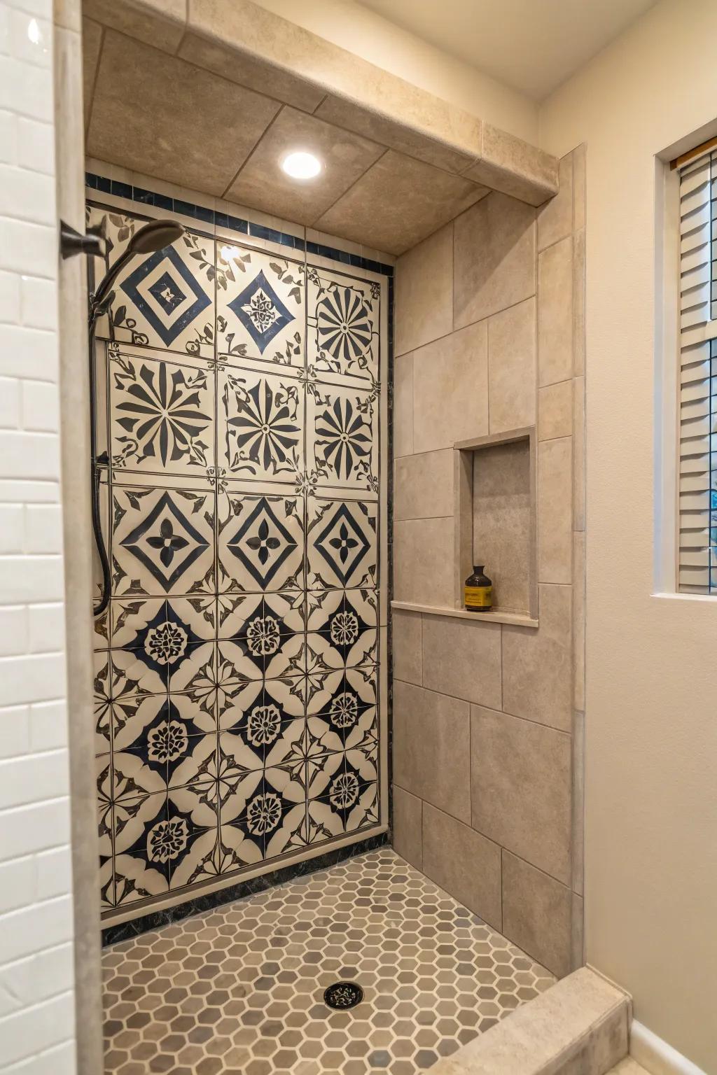 A bold patterned tile turns this shower niche into a striking focal point.