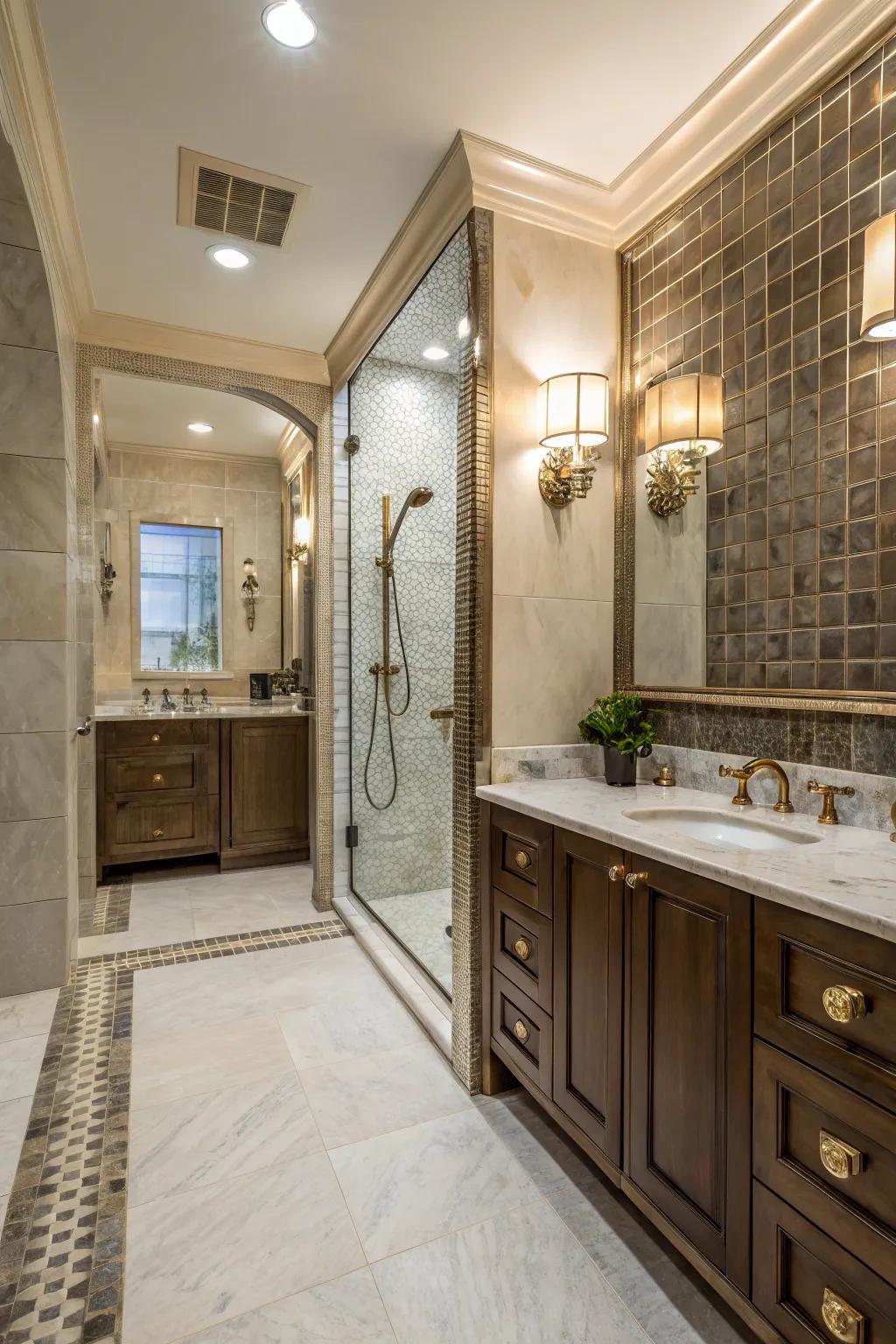 Metallic accents add a modern and glamorous touch to shower tile borders.