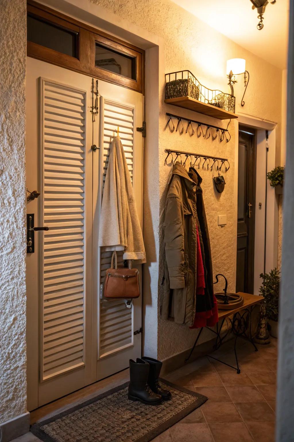 A functional and stylish coat rack made from a shutter door.