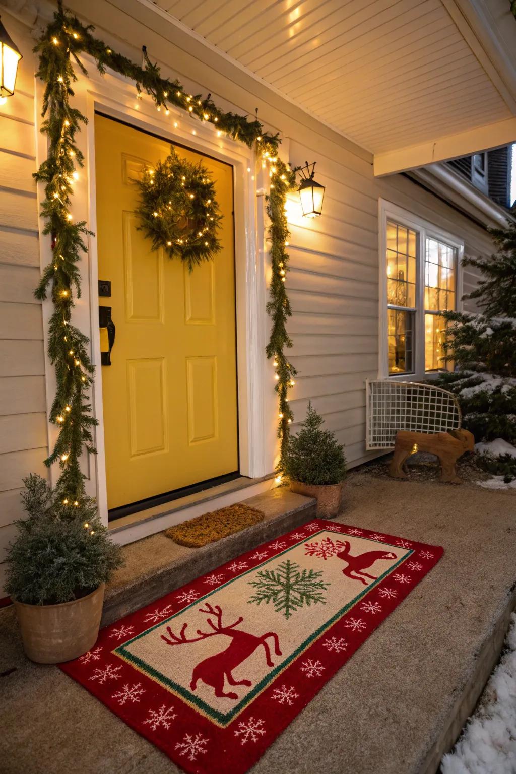 A cheerful door mat welcoming guests with holiday spirit.