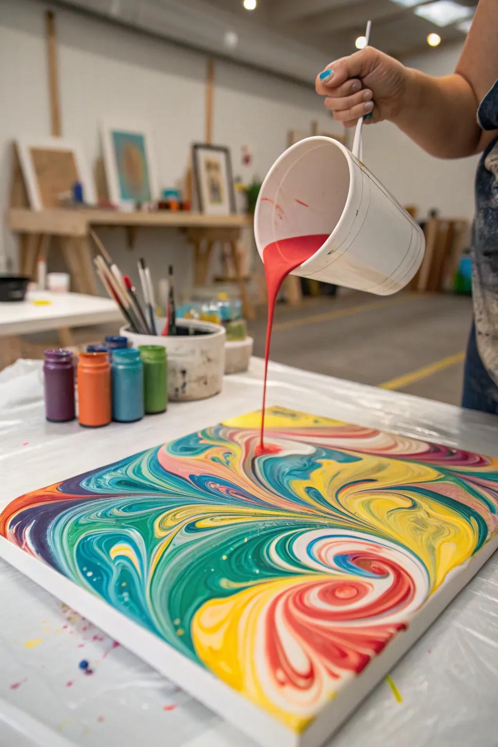 A creative paint pour canvas revealing baby's gender.