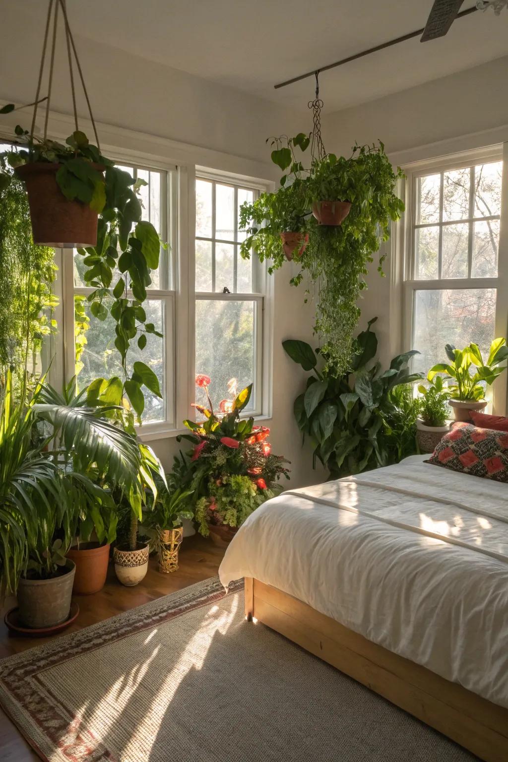 Houseplants add life and greenery to a serene bedroom setting.