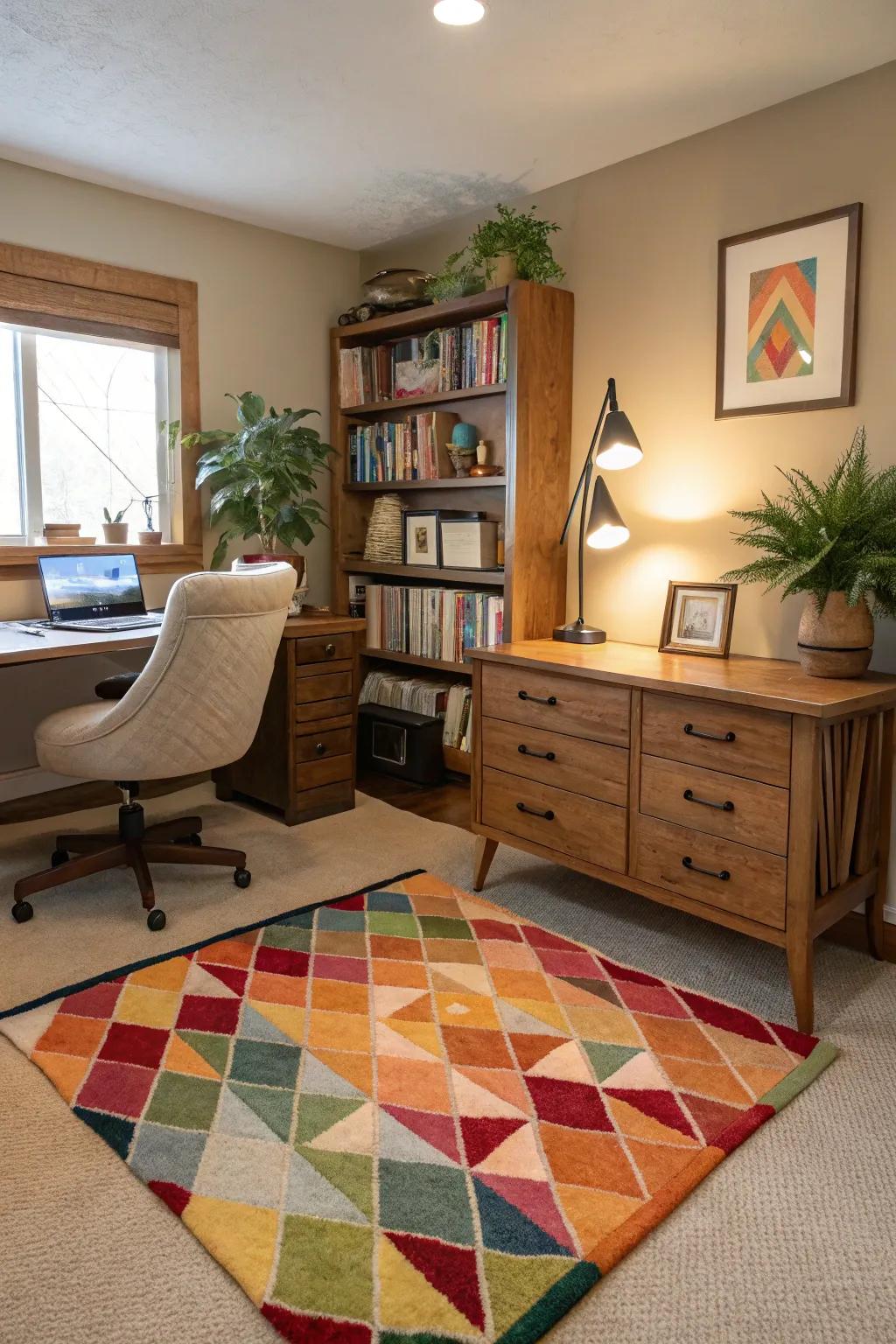 A vibrant area rug adds warmth and style to your workspace.