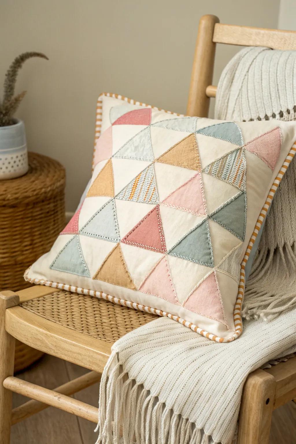 Discover the art of simplicity with this charming triangle patchwork cushion, where playful geometry meets minimalist elegance.