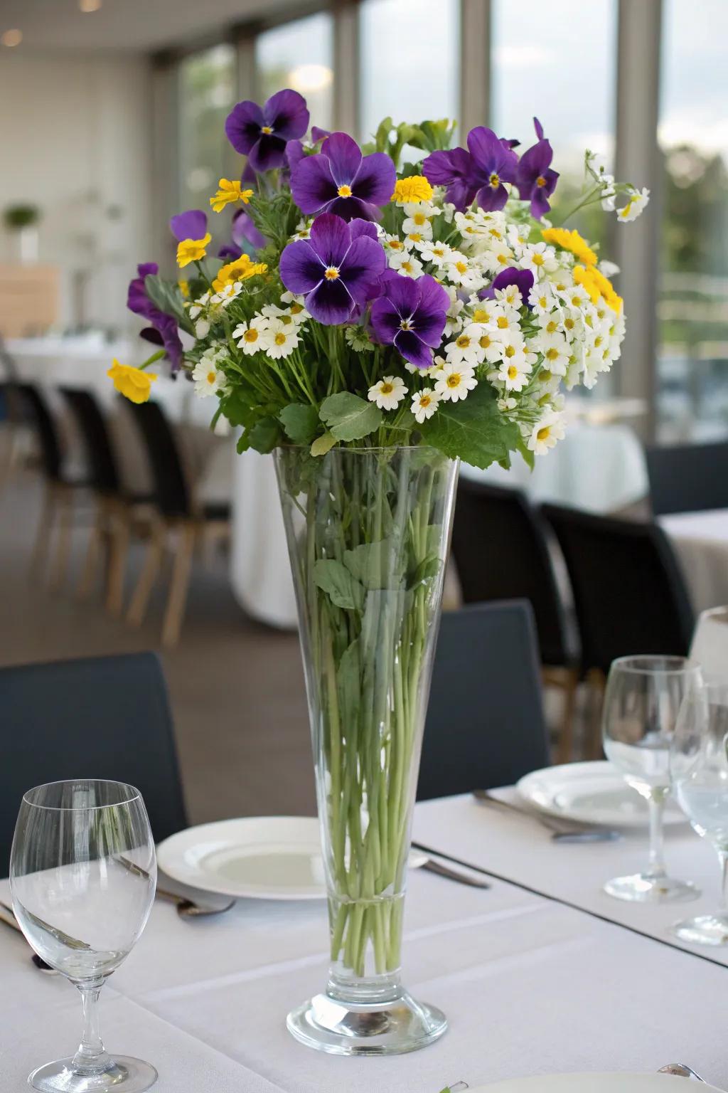 Purple pansies add height and vibrancy to your centerpiece.