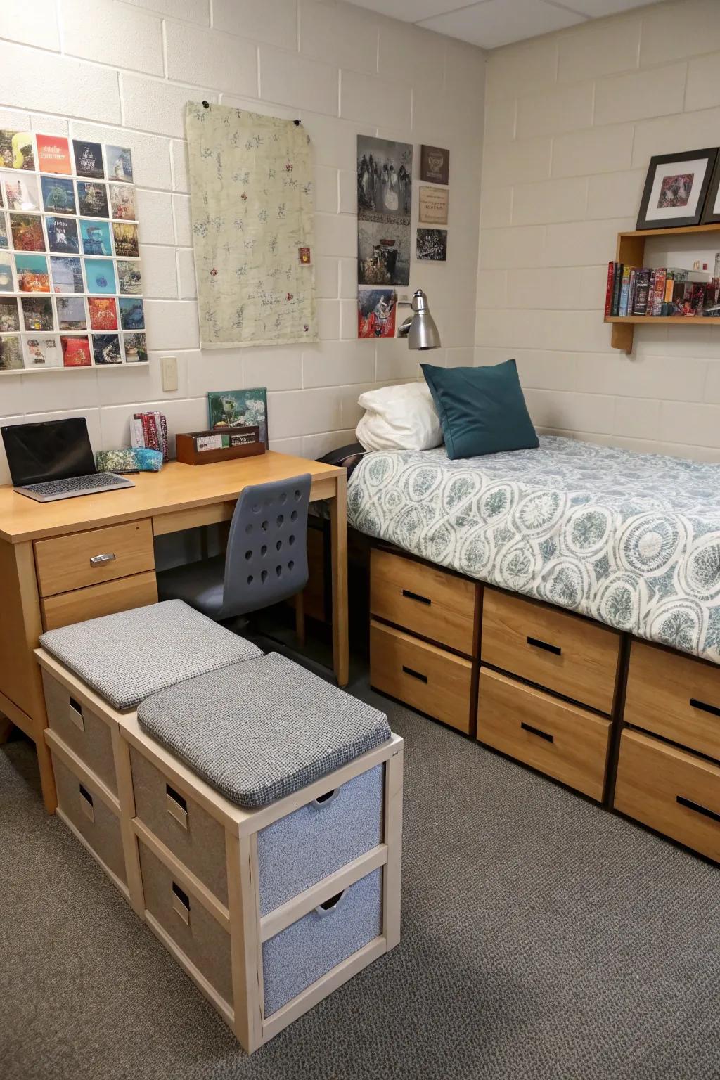 Multi-functional furniture like storage ottomans helps keep the dorm room organized.