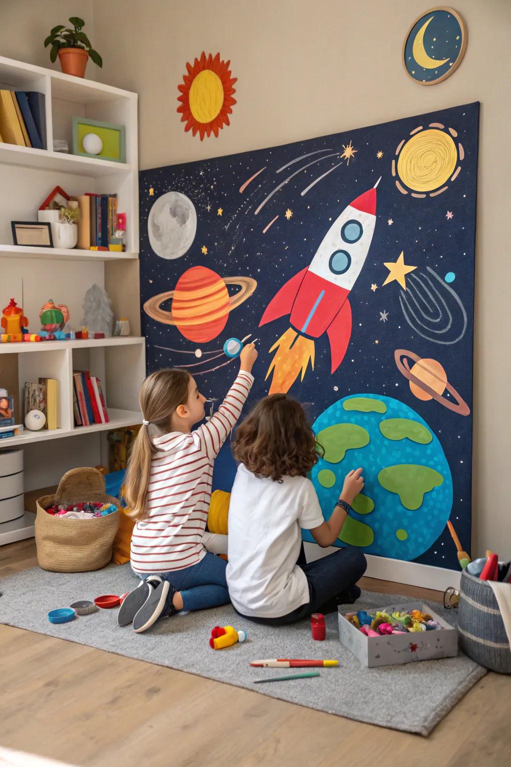 Kids painting rockets and planets in a space-themed session