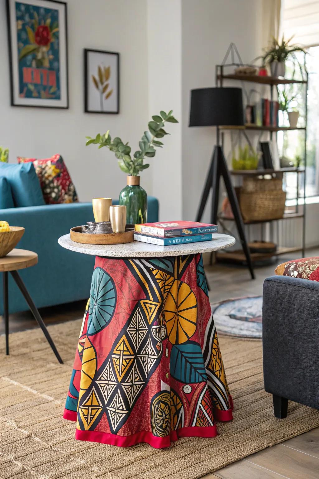 A side table with a bold patterned skirt making a striking statement in a modern living room.