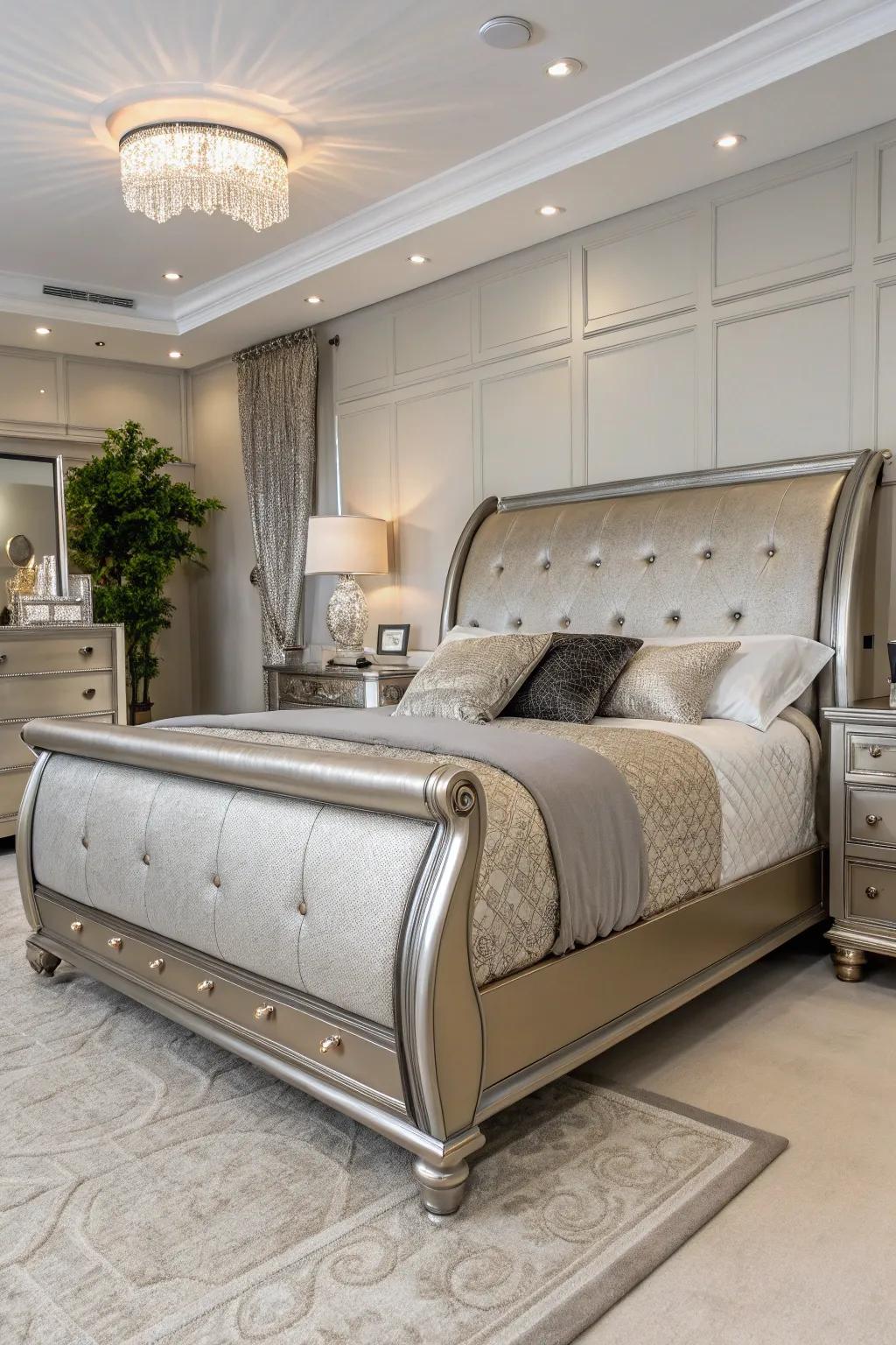 Metallic accents breathe new life into this classic sleigh bed design.