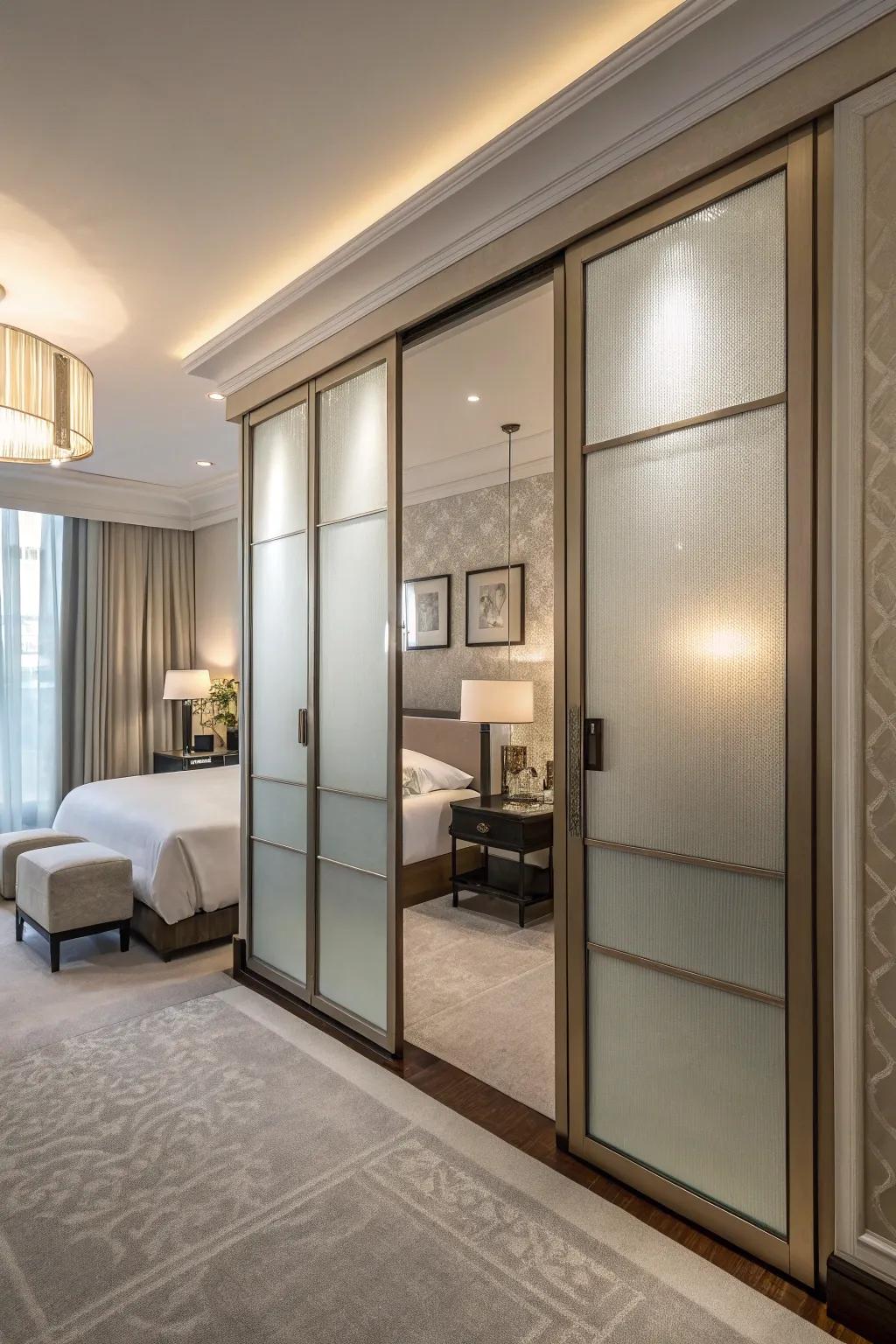 Glass-paneled doors provide a sophisticated and airy feel.