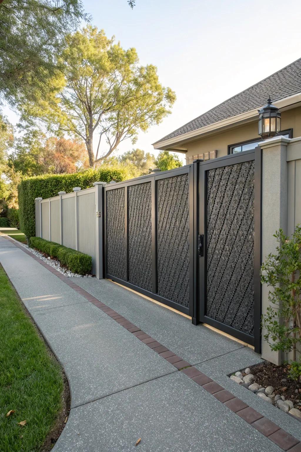 Composite panels provide privacy and durability in this sliding gate design.