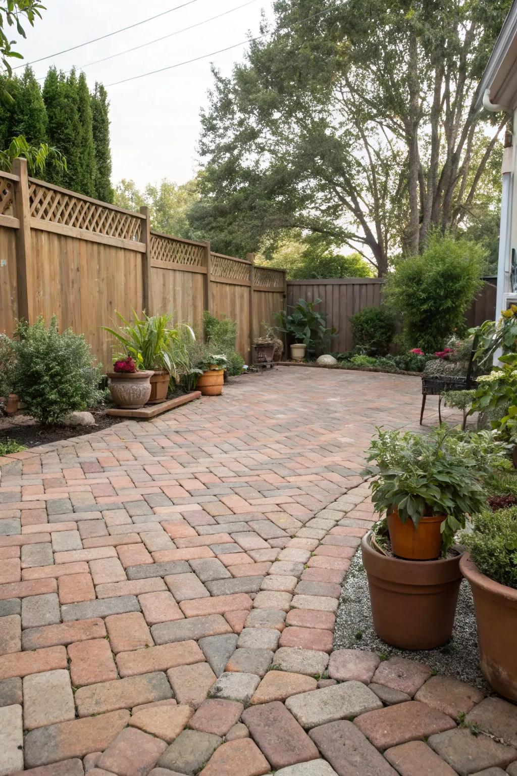 Recycled brick pavers offer a vintage charm to this quaint patio space.