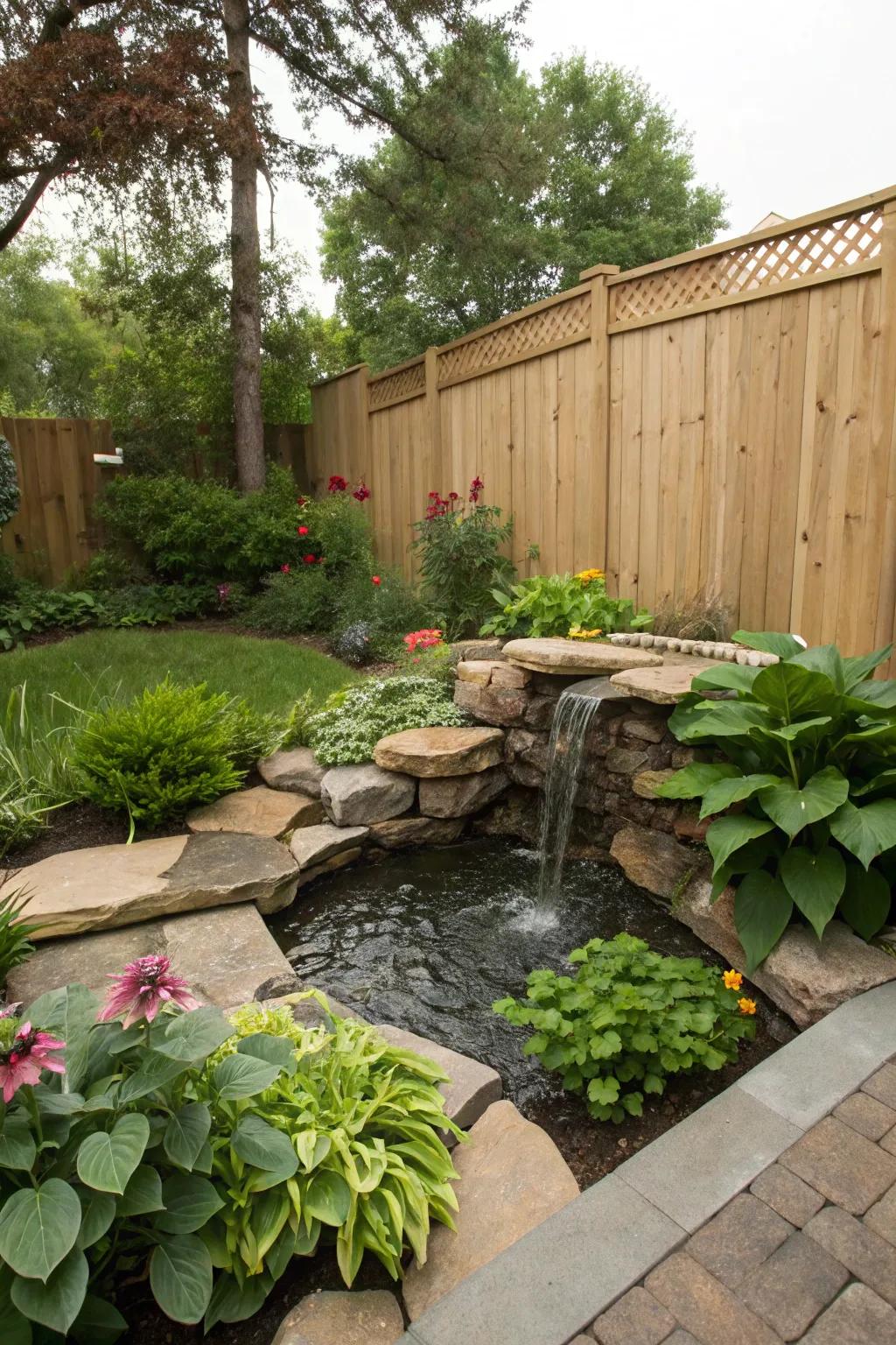 A water feature adds a serene touch to any backyard.