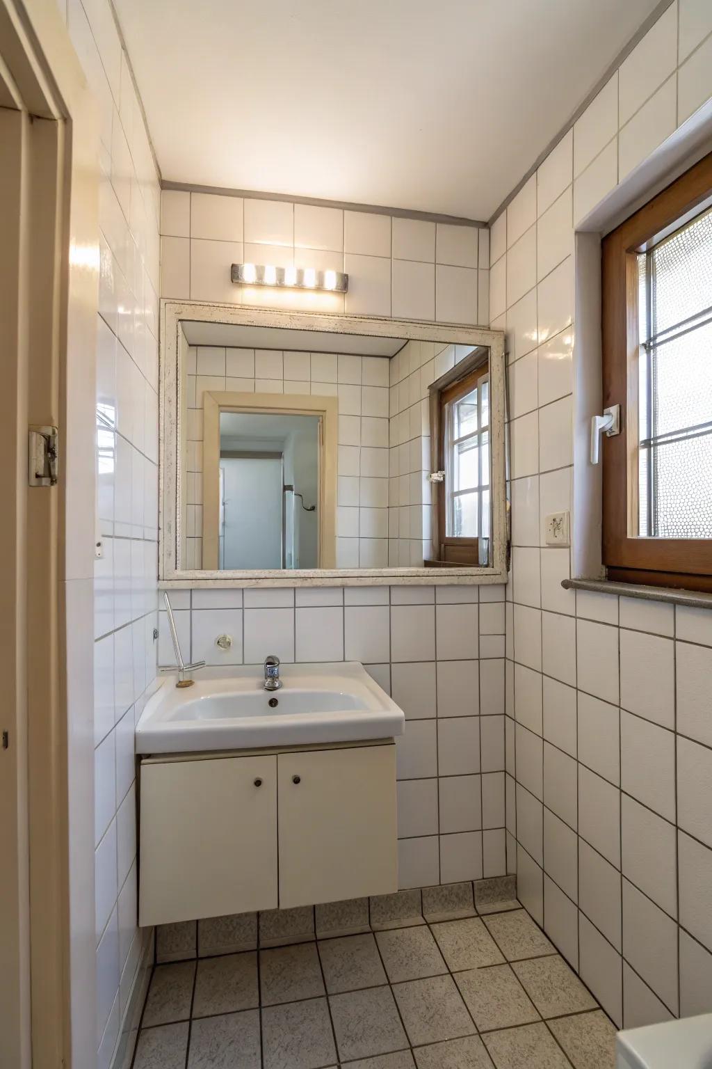 A large mirror in a small bathroom enhances light and depth.