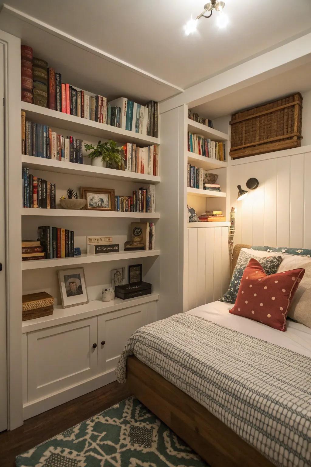 Utilizing vertical space can add dimension and storage to your small bedroom.