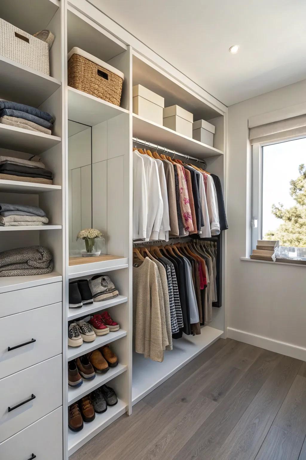 Open storage keeps items accessible and the space airy.