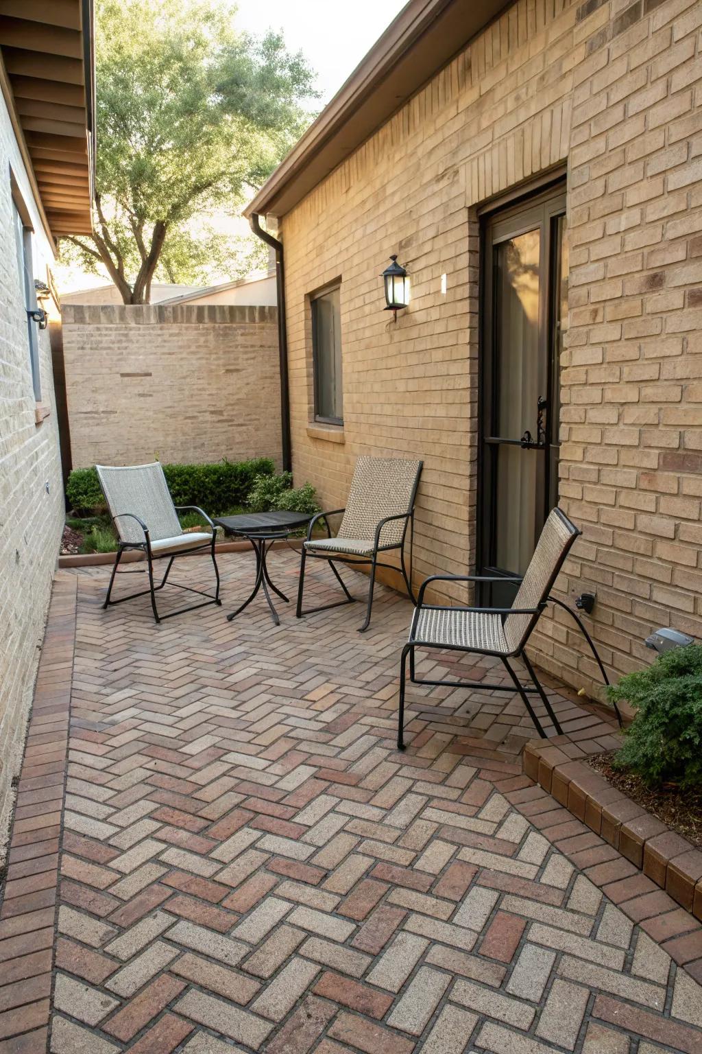 A small patio with a basketweave brick pattern and simple seating.