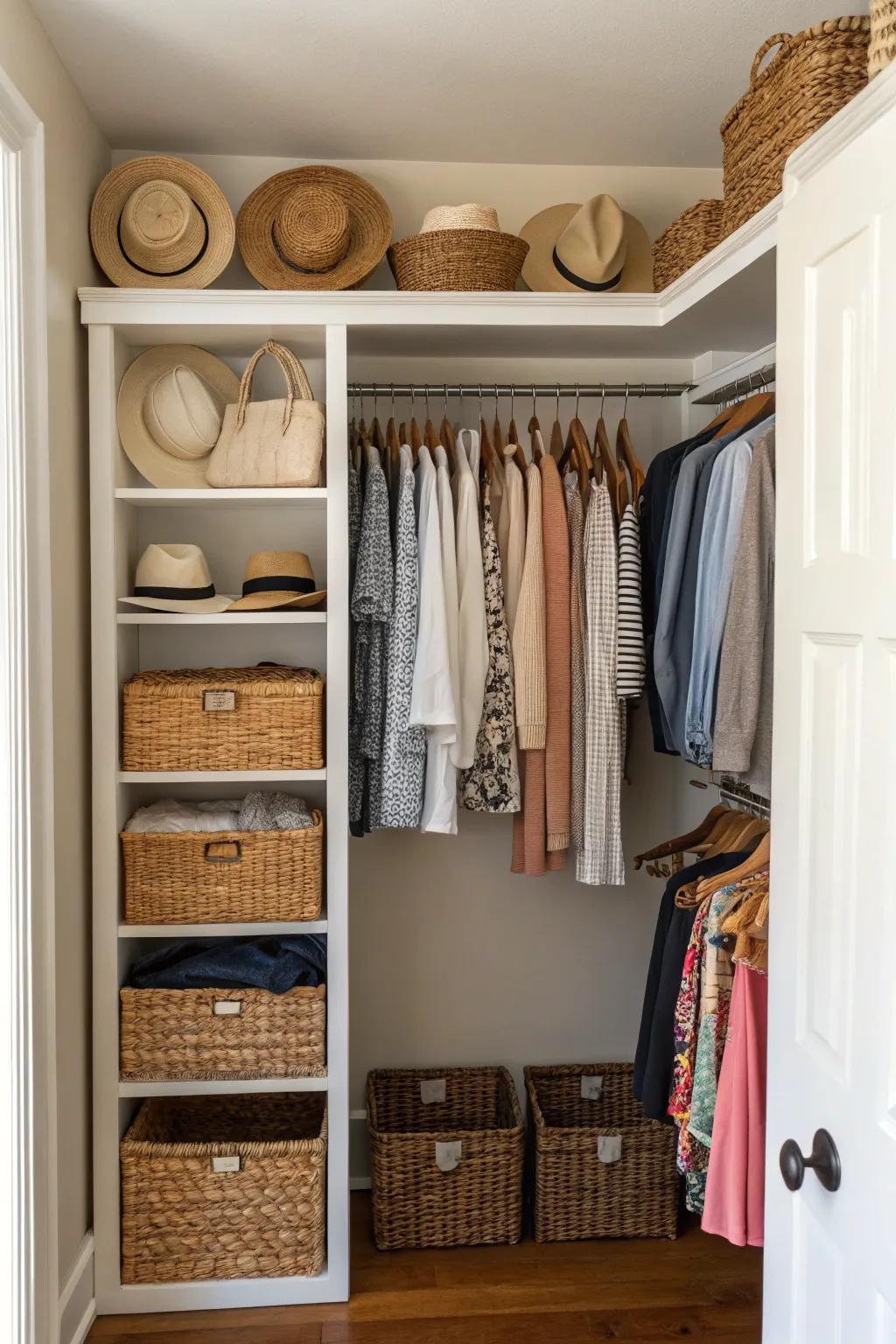 Shelves above hanging clothes provide extra storage for accessories.