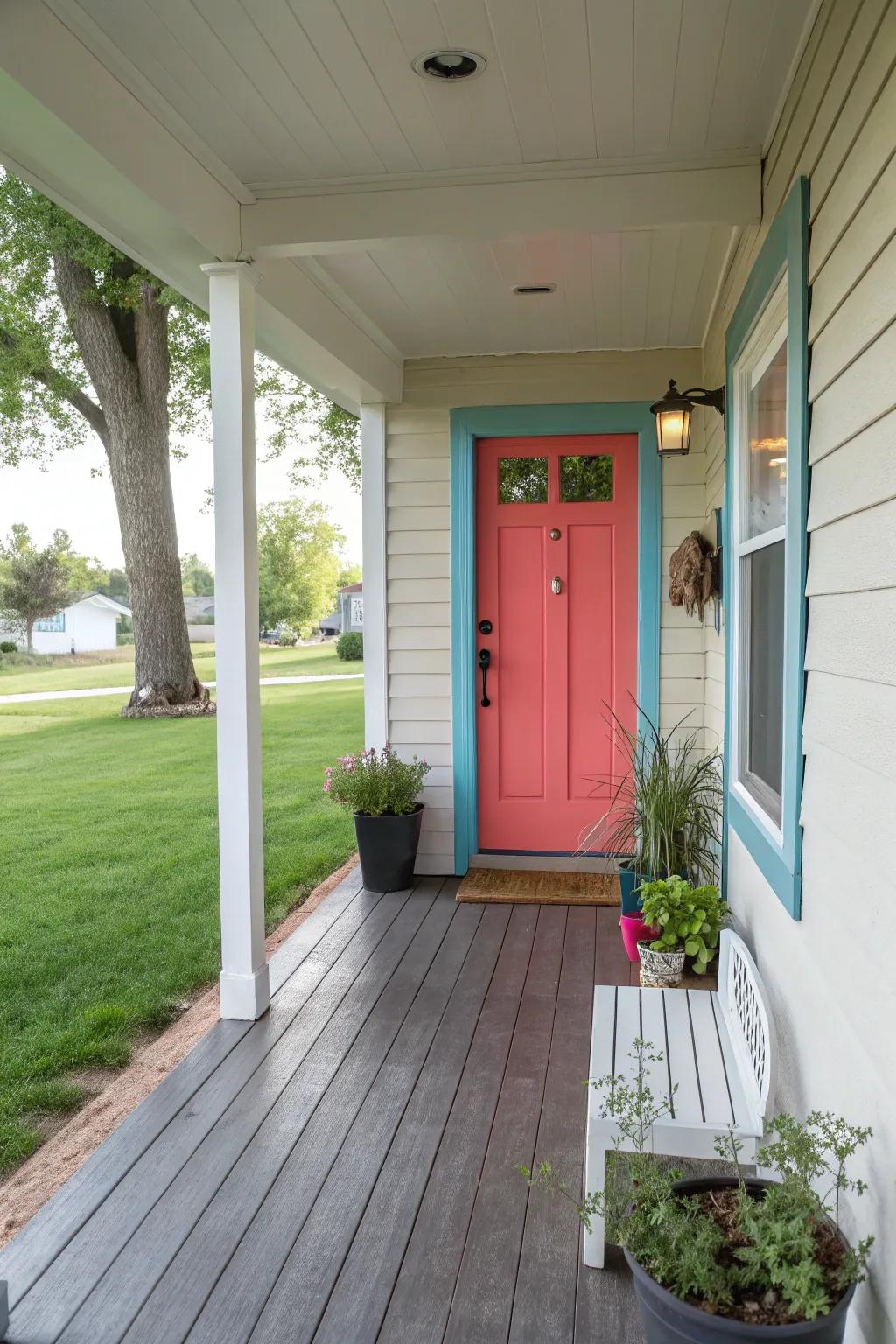 A bright door color creates an inviting focal point.