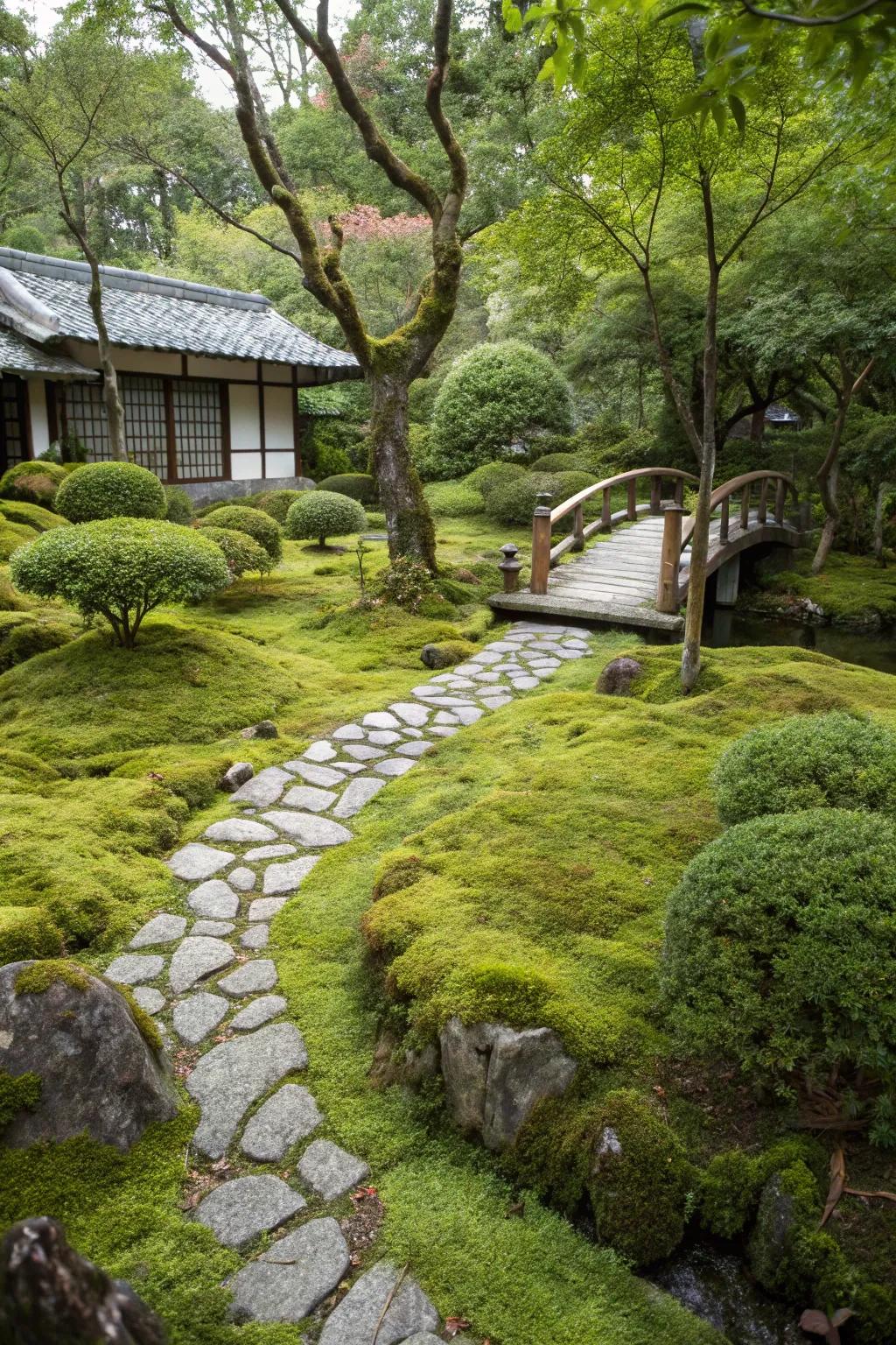 A lush moss carpet offers a soft, green touch to the garden.