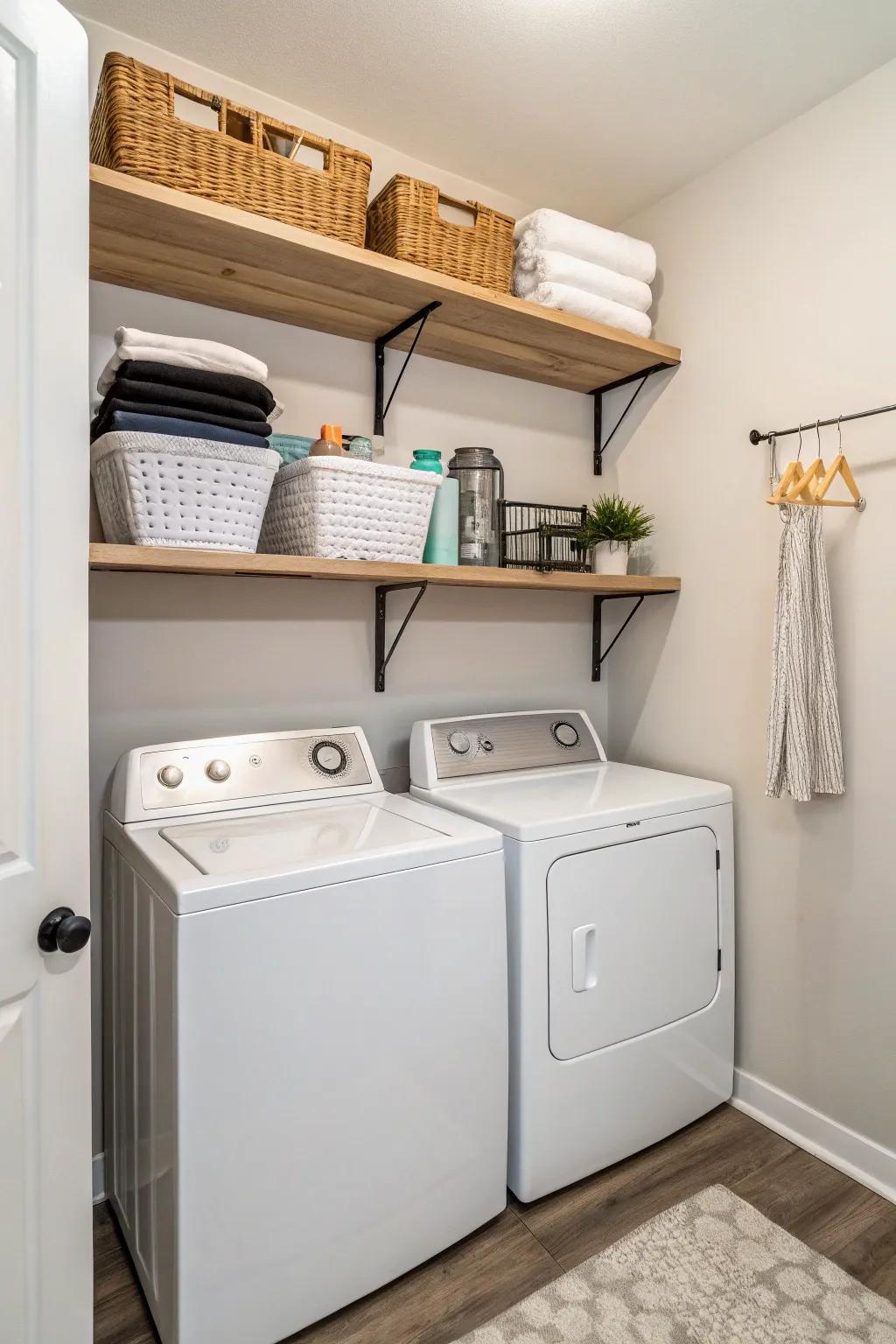 Floating shelves add storage without clutter.