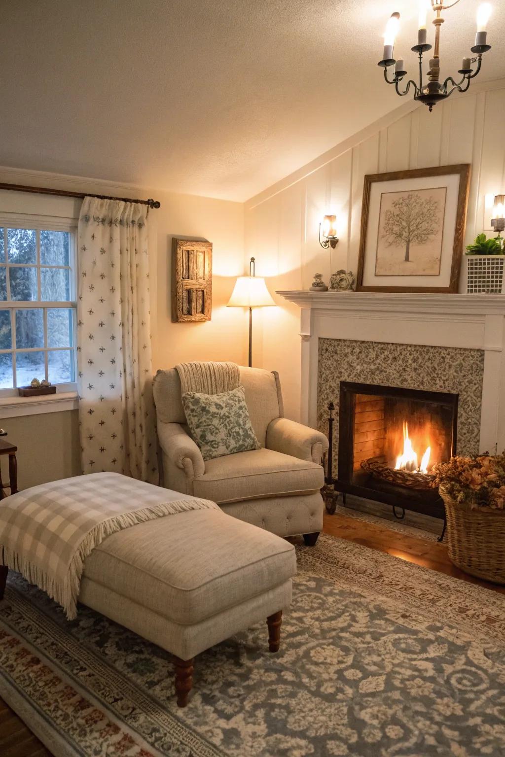 A snug living room setup with a chaise lounge facing a glowing fireplace.