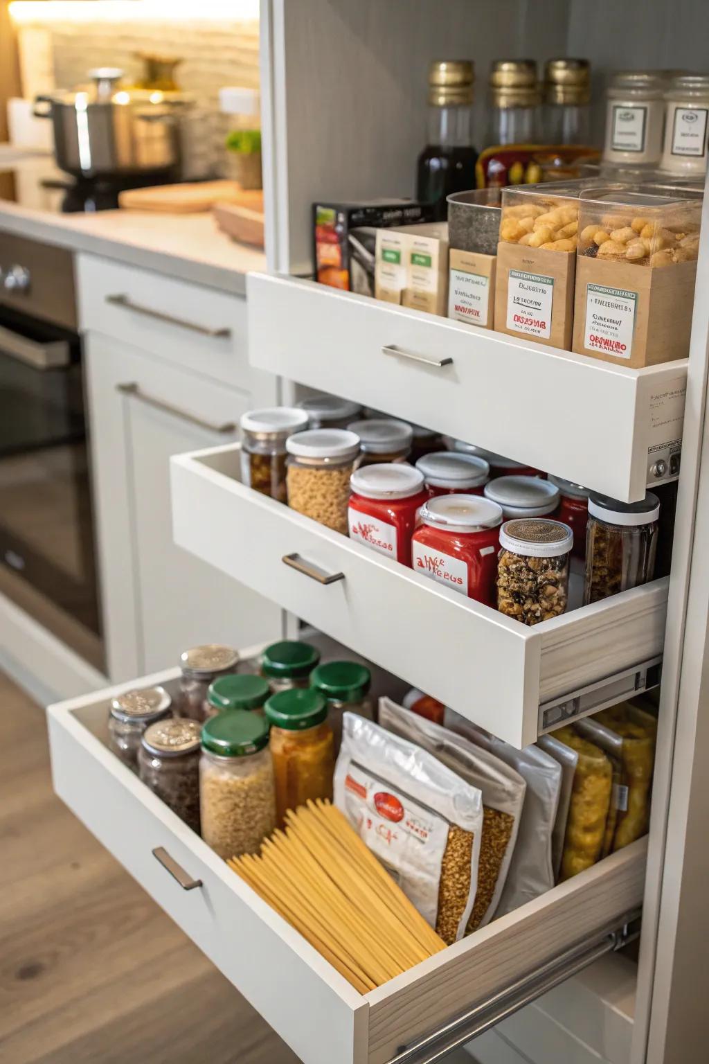 Pull-out drawers make accessing pantry items a breeze.