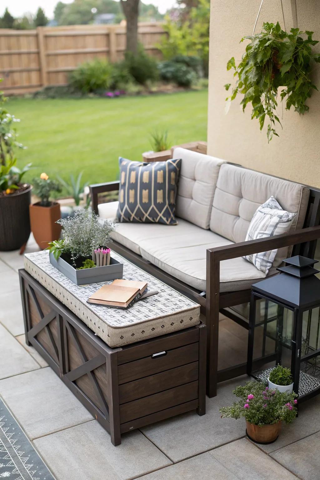 Optimize space with multifunctional furniture on a small patio.