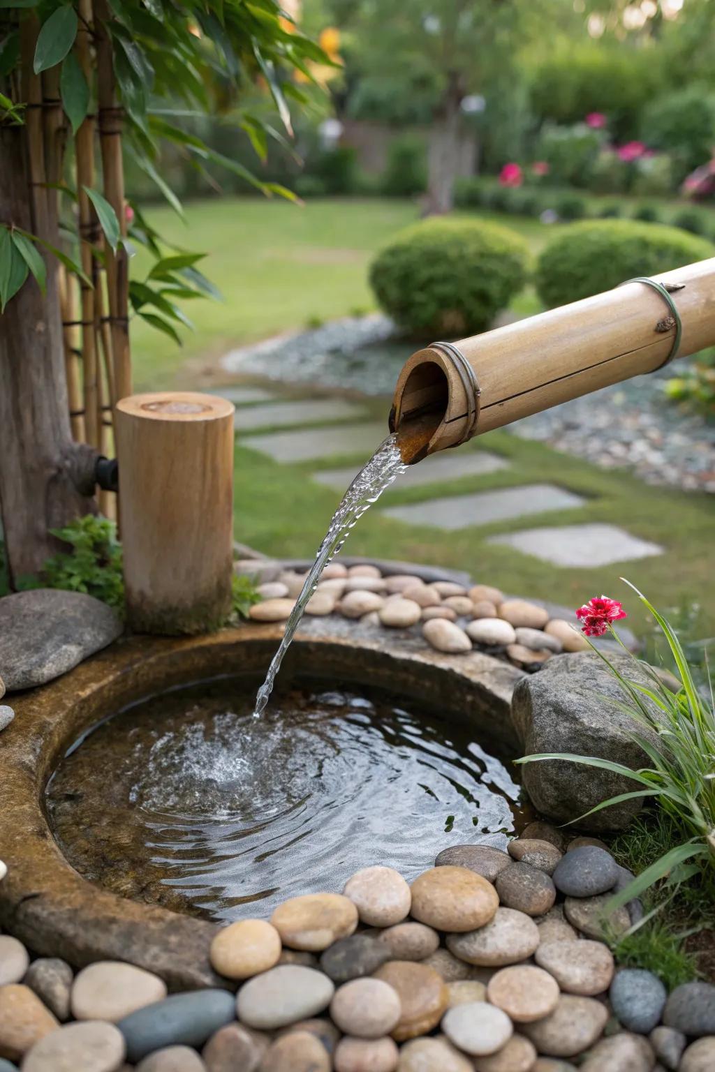 A bamboo fountain creates a tranquil, exotic atmosphere.