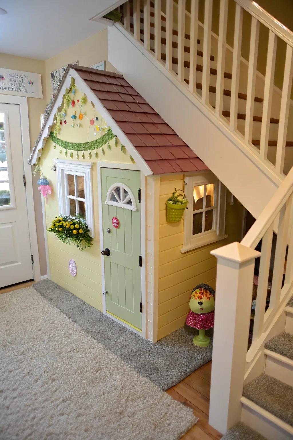 A charming playhouse under the stairs sparks endless adventures.