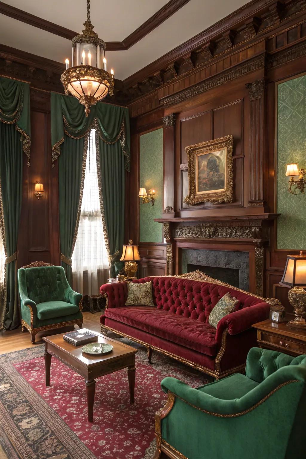 Rich colors like burgundy and emerald create a warm, opulent atmosphere.