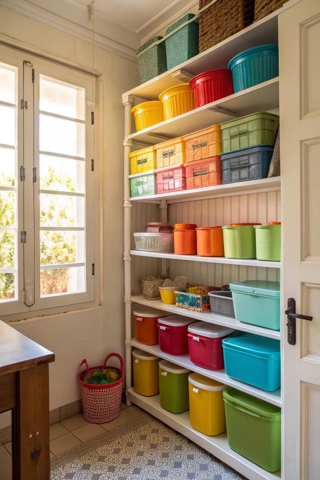 A vibrant pantry with painted shelves and colorful containers.