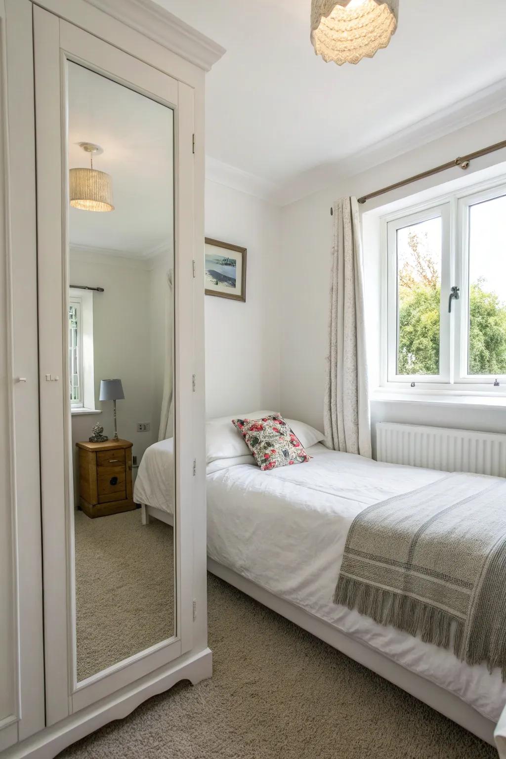 Mirrors enhance the sense of space and light in a small white bedroom.