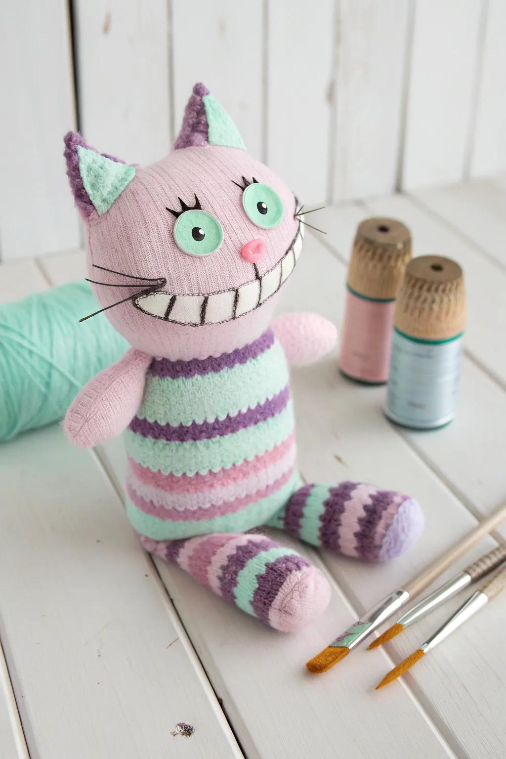 Craft your own storybook magic with a handmade Cheshire Cat sock puppet. A charming blend of minimalist design and boho flair!