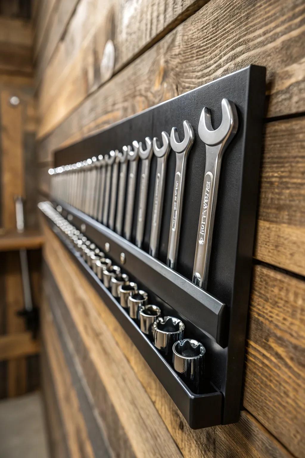 Transform your tools into a masterpiece with a magnetic socket wrench organizer.