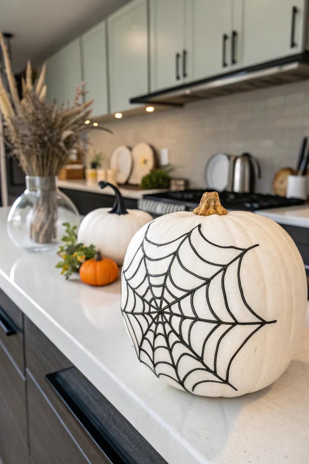 A white pumpkin with a bold black spider web design.