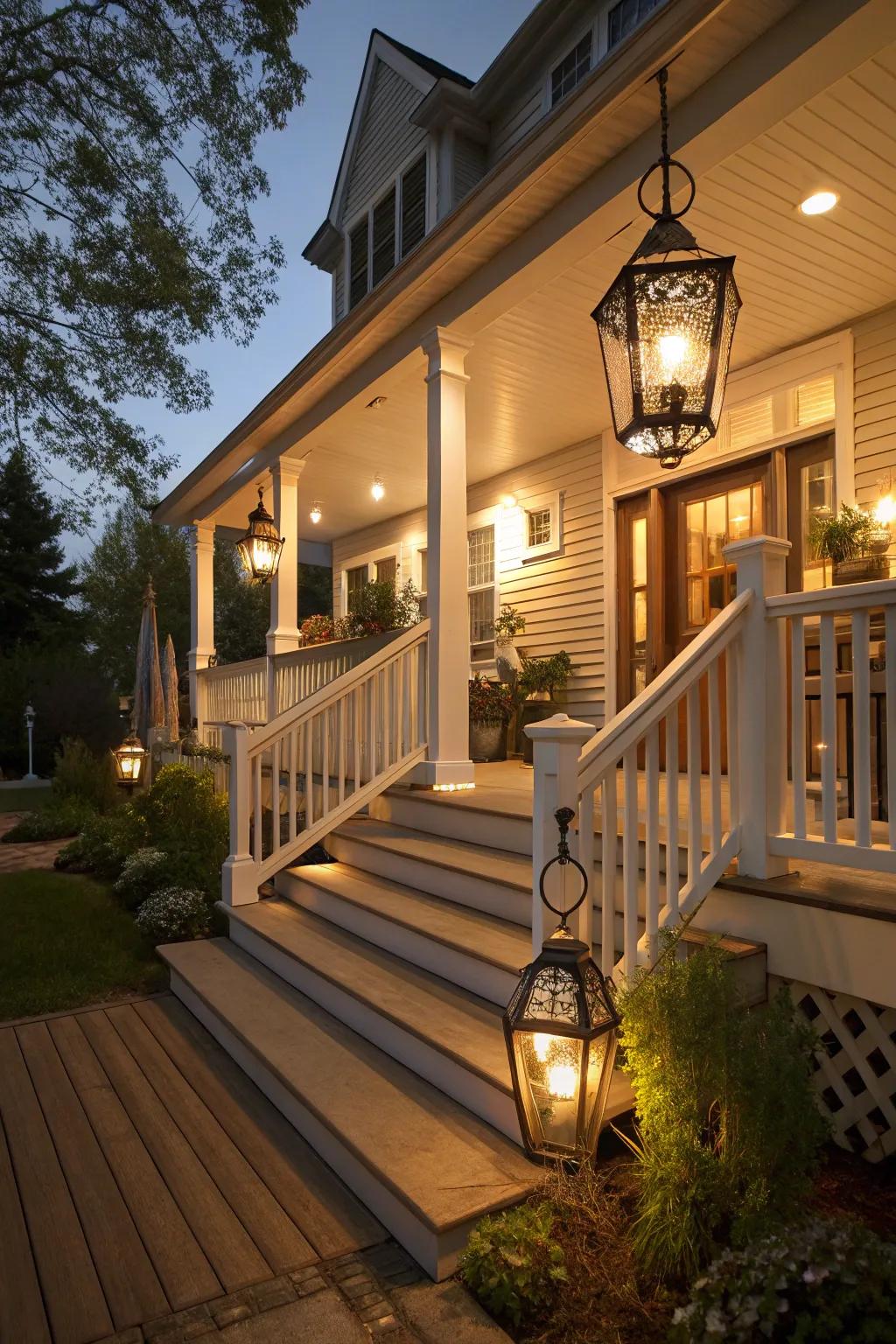 Statement lighting adds warmth and charm to this split foyer porch.