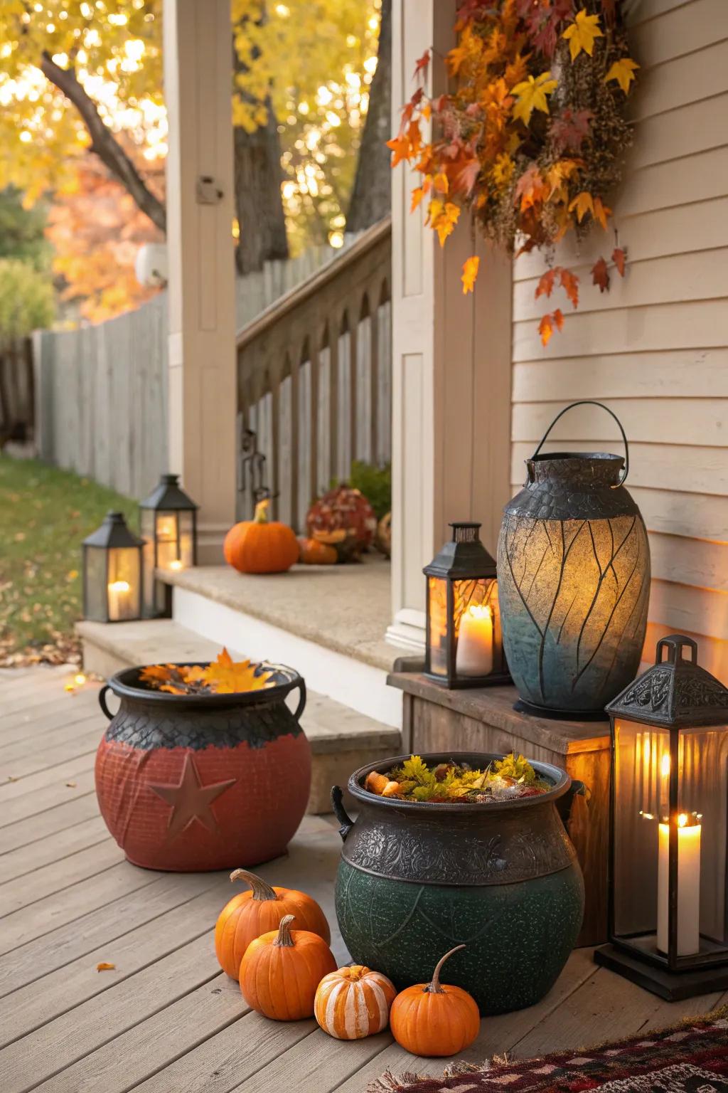 Glamorous witch’s cauldrons bring a touch of magic to your outdoor decor.