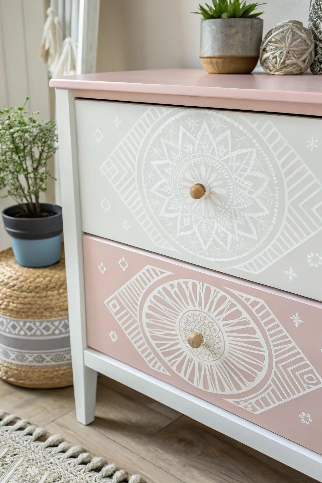 Transform your dresser into a piece of art with delicate stenciled designs that reflect your unique style.