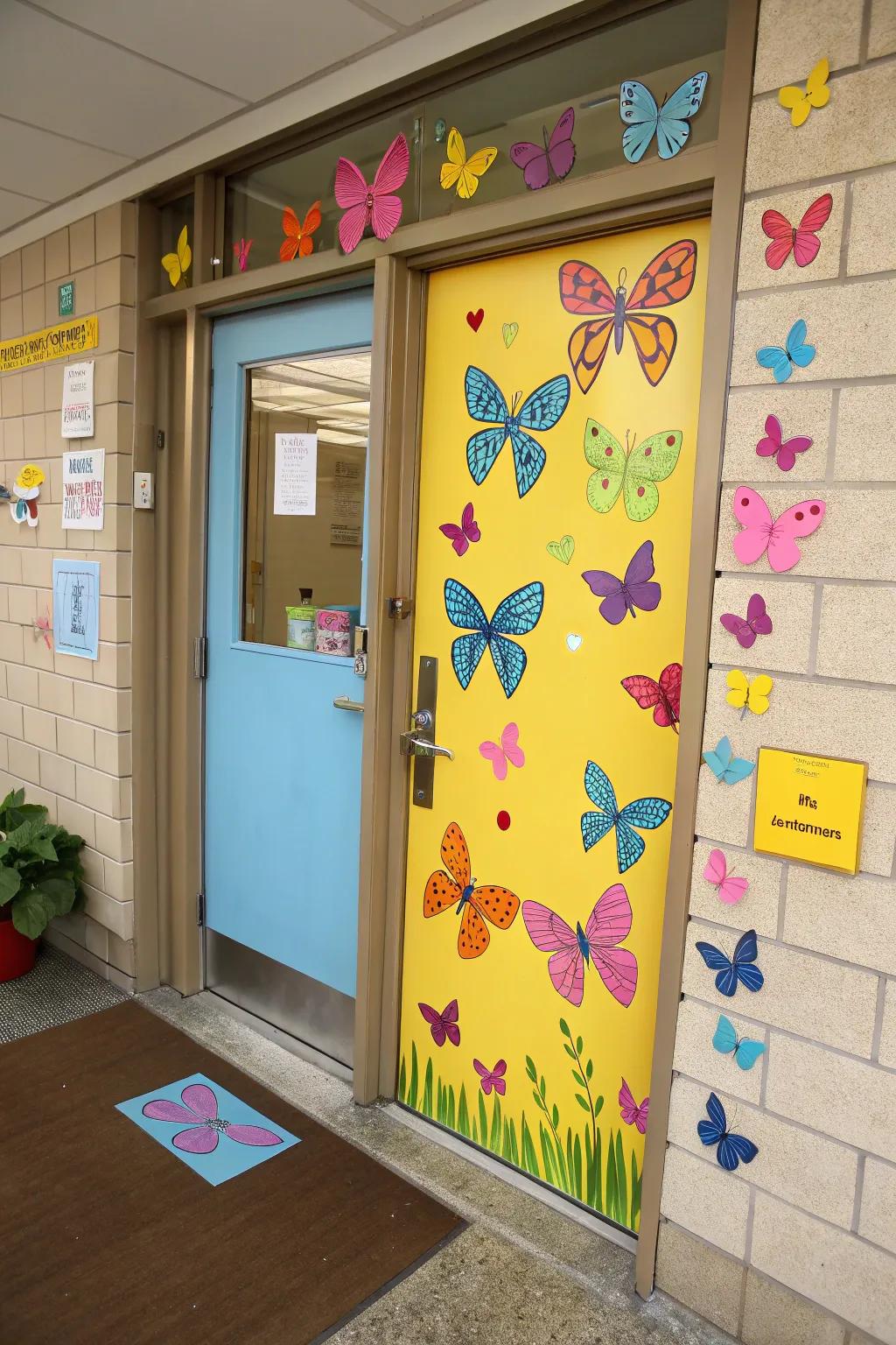 A door adorned with an array of colorful butterflies.