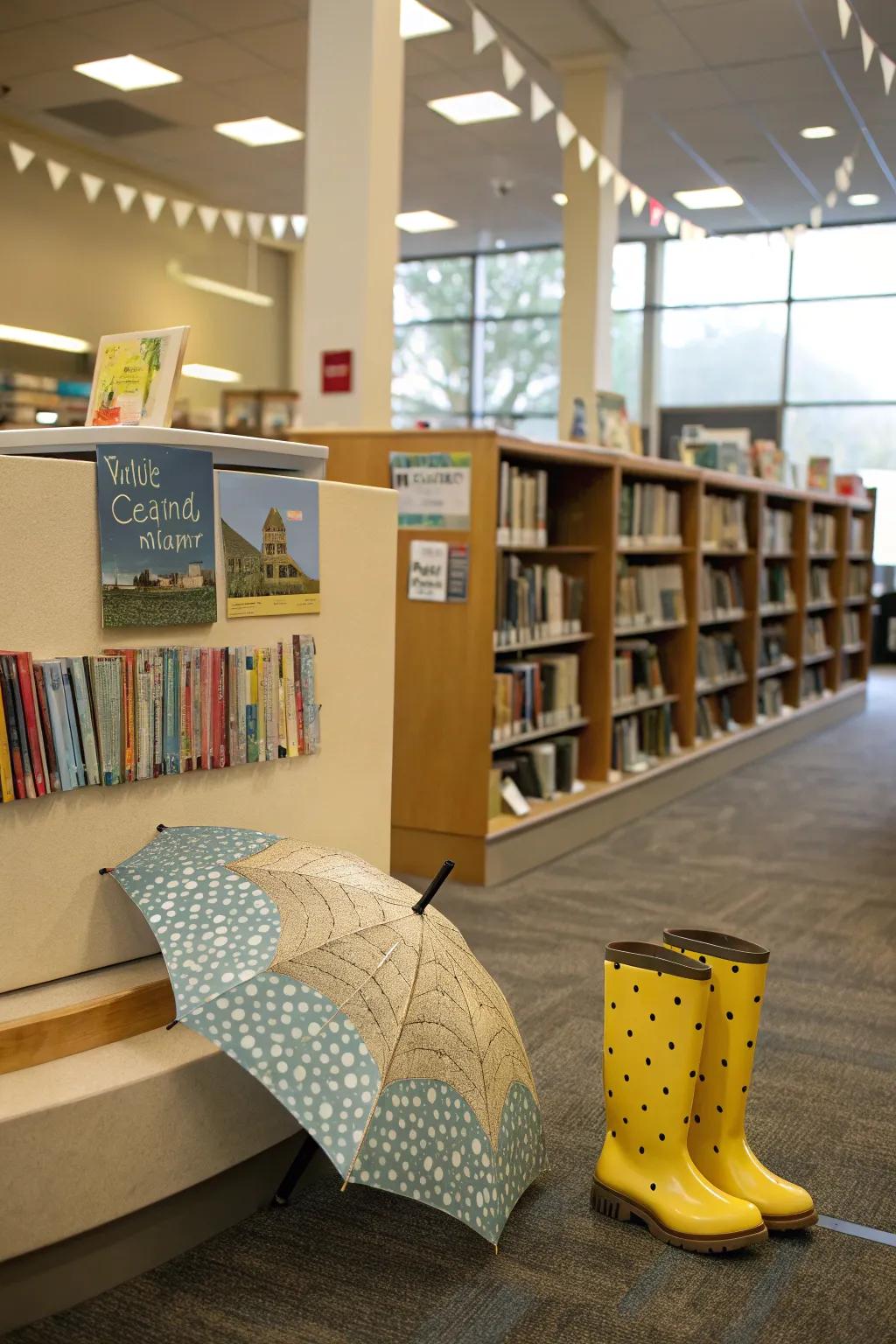 A whimsical rainy day display with books, an umbrella, and rain boots.