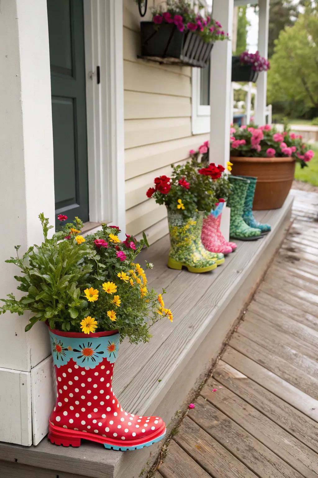 Whimsical rain boots used as planters on the porch.