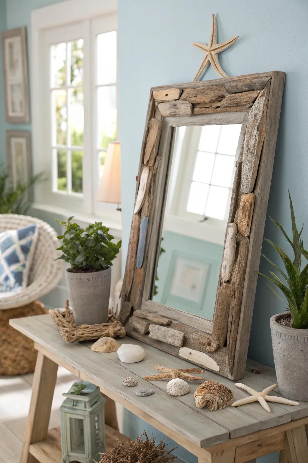 Bring coastal charm indoors with a driftwood mirror.