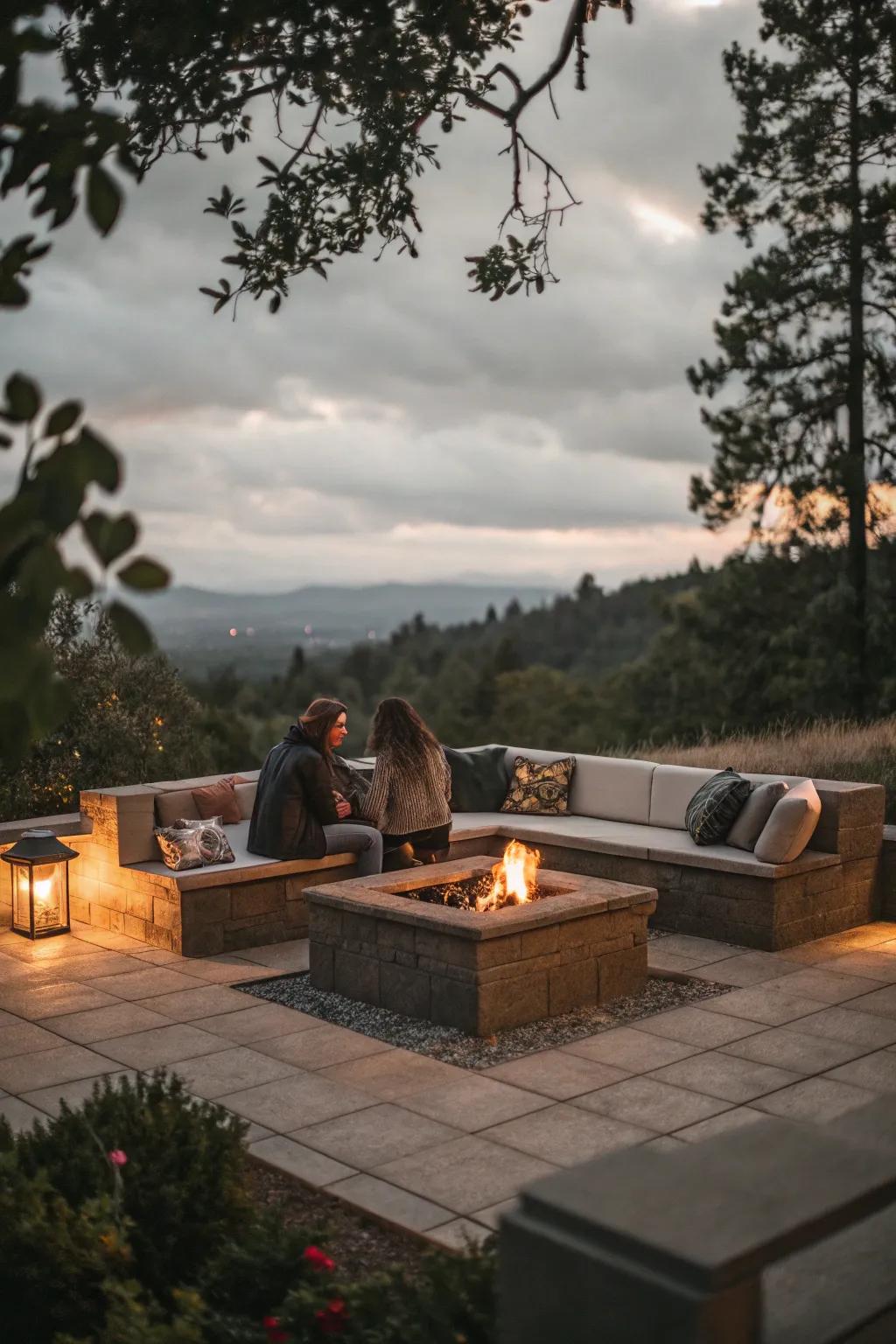 Built-in seating enhances the cohesiveness of this square patio design.