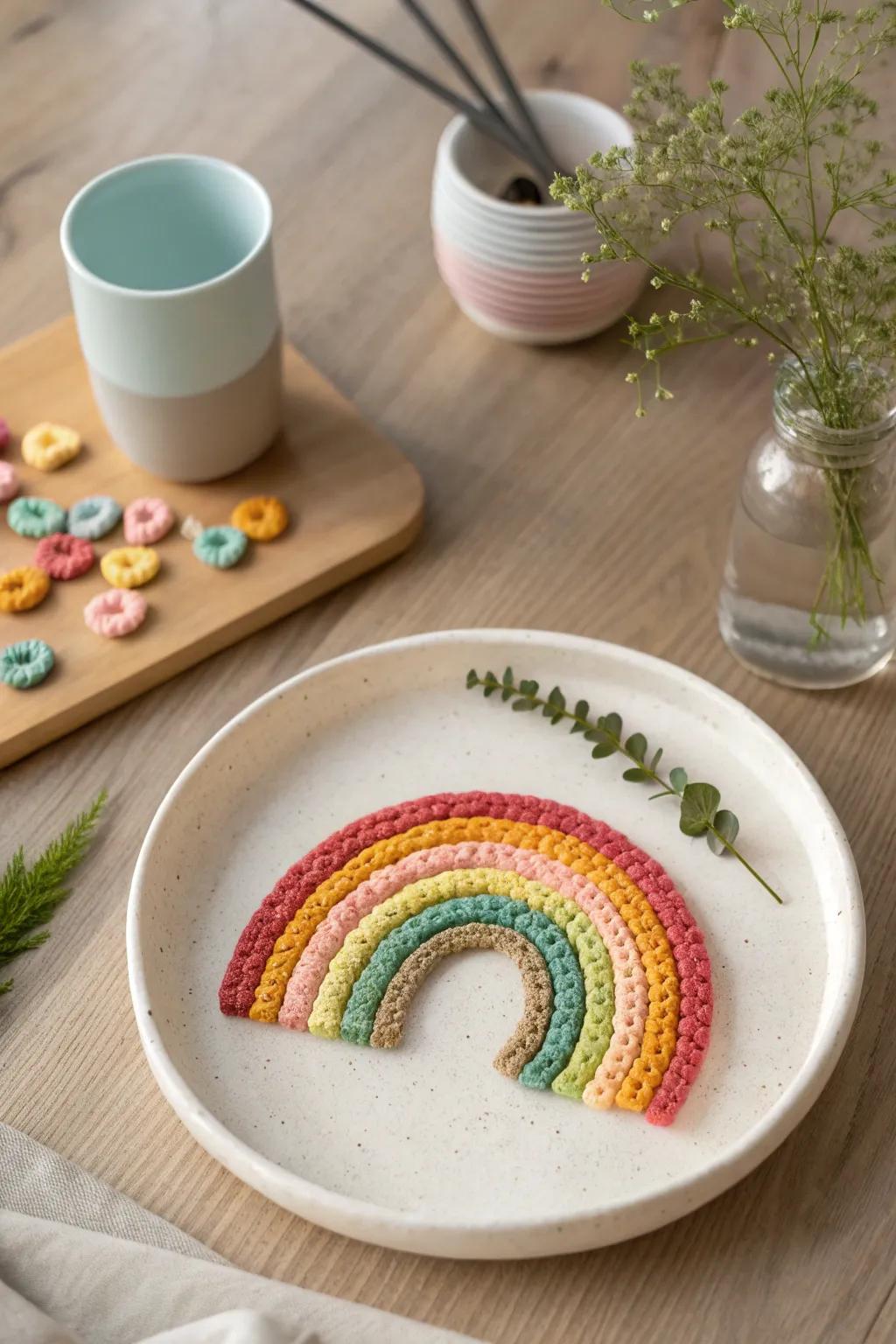 Crafting joy with a splash of color: a simple yet stunning rainbow cereal art piece.