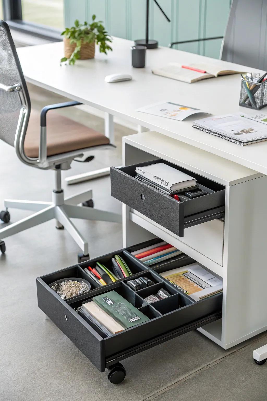 A movable under-desk drawer unit keeps essentials within reach.