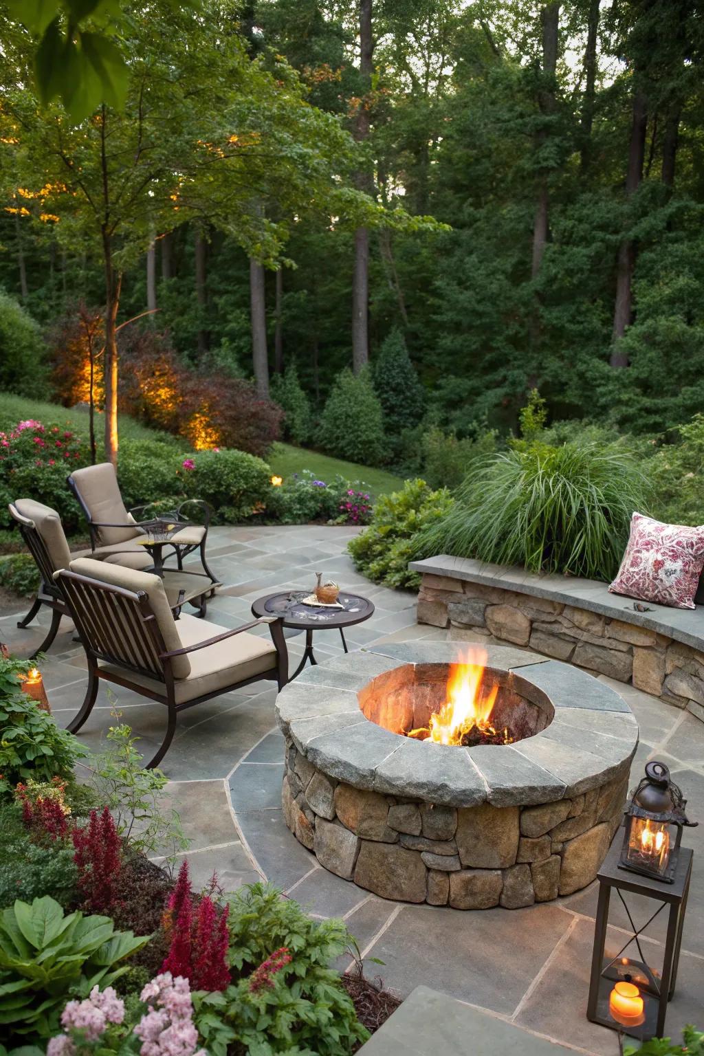 Flagstone fire pit creating a hidden garden oasis.