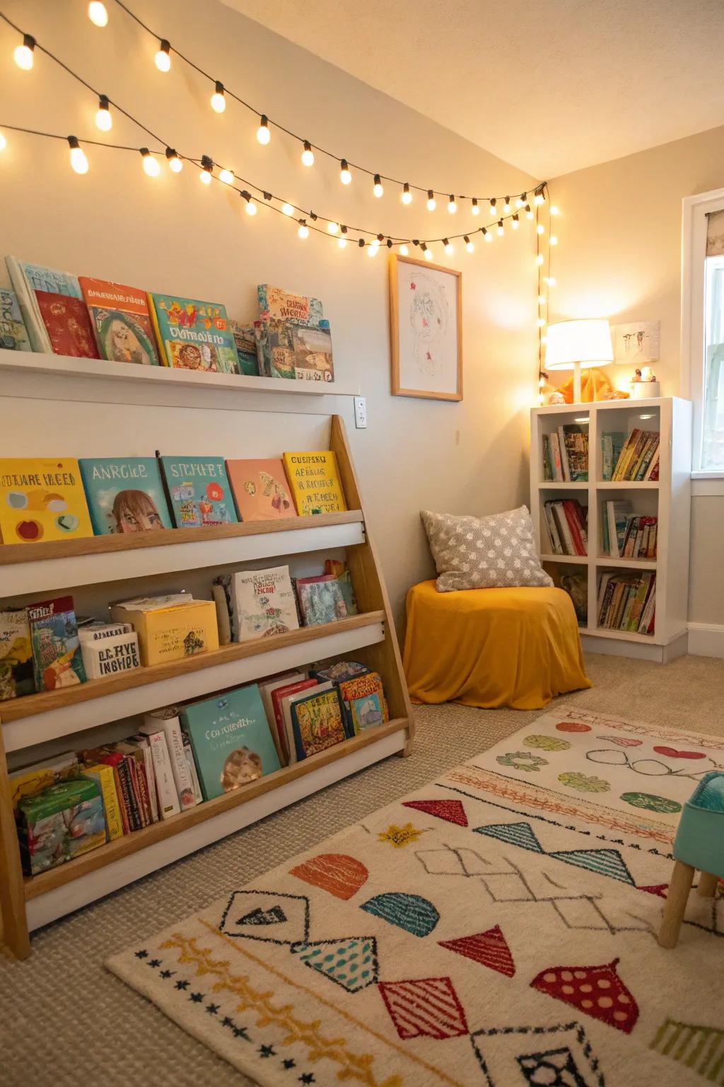 Low-level bookshelves make books easily accessible and visually appealing.