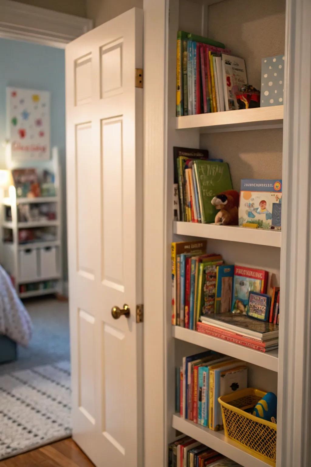 Narrow shelves neatly display children's books and toys.