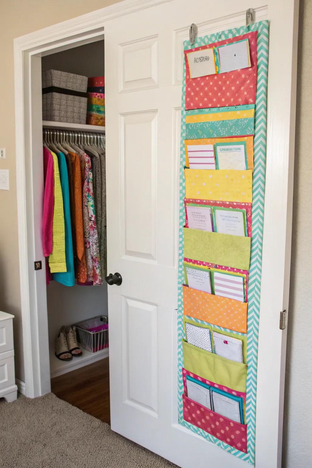 Hanging organizer for bulletin board borders, maximizing vertical space.